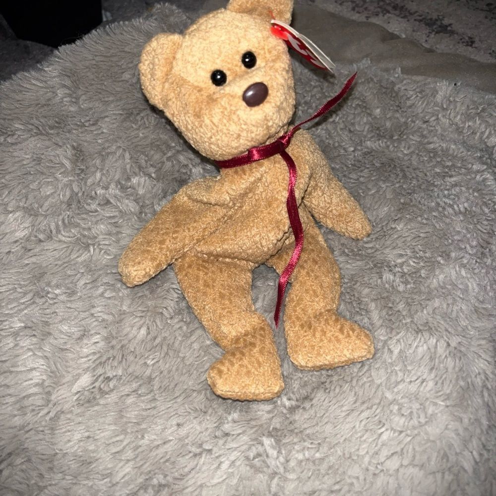 Ty Tan Plush Teddy Bear with Red Ribbon